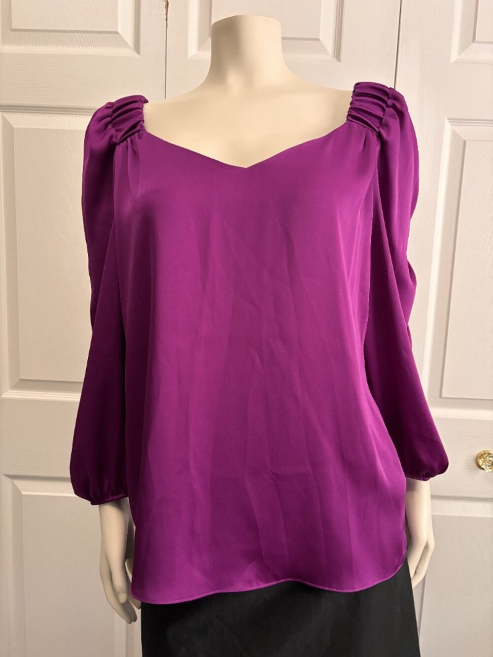 Joseph Ribkoff Womens Small Satin Blouse Purple Puff Sleeve Square Neck Top